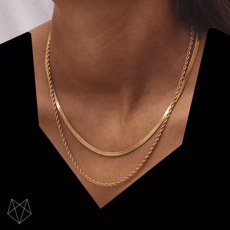 گردنبند دو لاین(دو زنجیر) مدل زنجیر ماری و  طنابی استیل رنگ ثابت رنگ طلایی