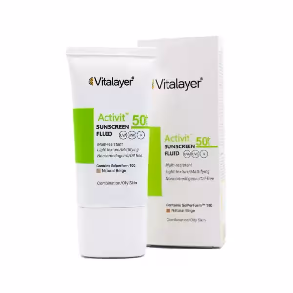 فلوئید ضد آفتاب ویتالیر رنگ نچرال بژ مناسب پوست چرب SPF 50