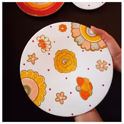  بشقاب دیوارکوب سفالی طرح گل و رنگ کد 15 مجموعه 3 عددی