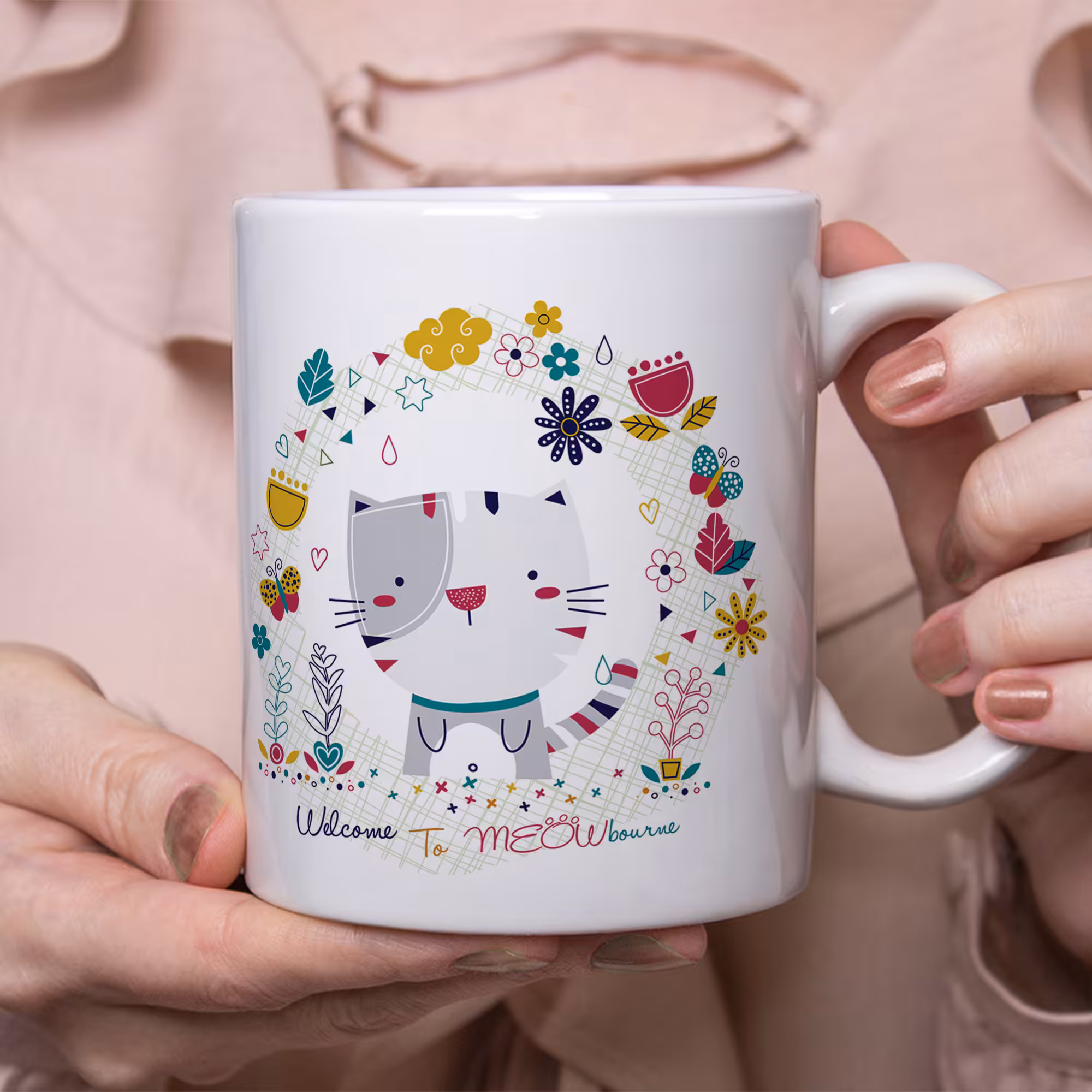 ماگ طرح گربه داخل حلقه گل