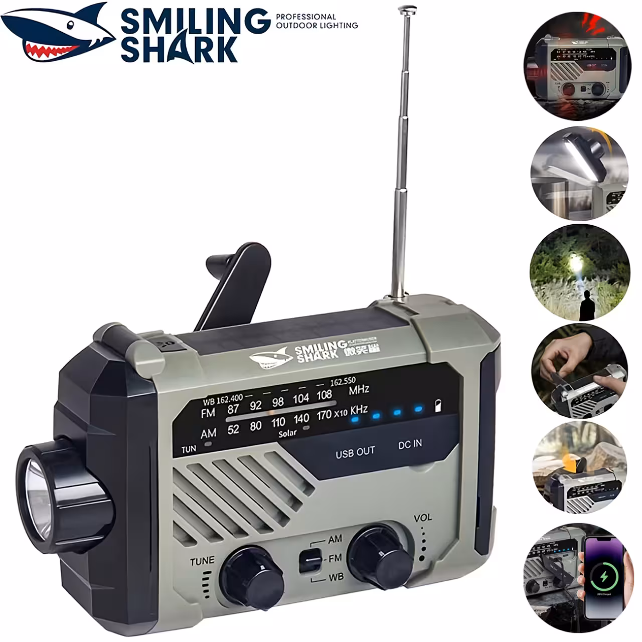 چراغ قوه شارژی و لامپ کمپینگ خورشیدی ضدآب چندمنظوره اسمایلینگ شارک مدل Smiling Shark YJ-D290 با رادیو، پاوربانک و ژنراتور دستی