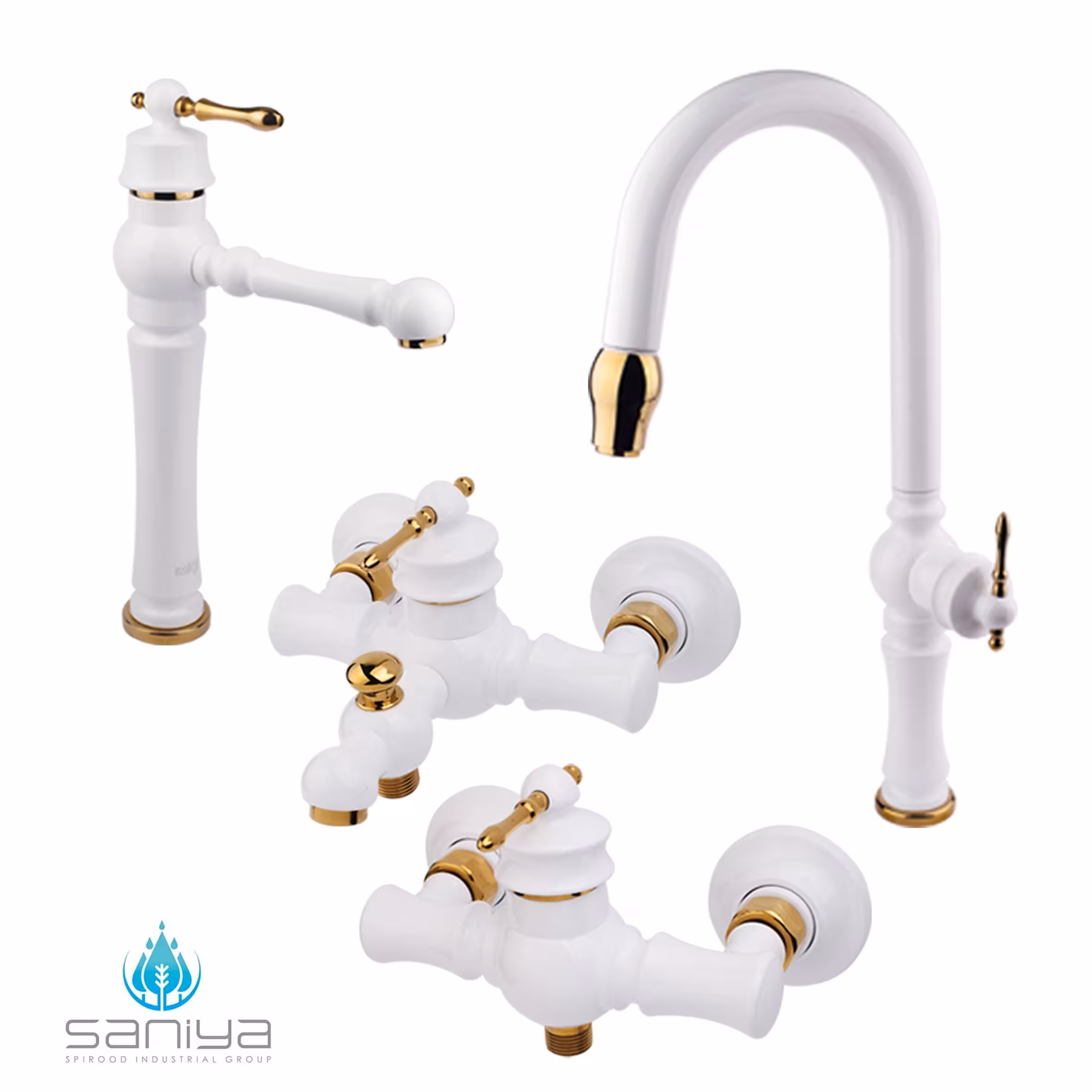 شیرآلات سانیا ست شیرآلات مدل مینا با روشویی بلند و حمام تنه وسط سفید طلایی
