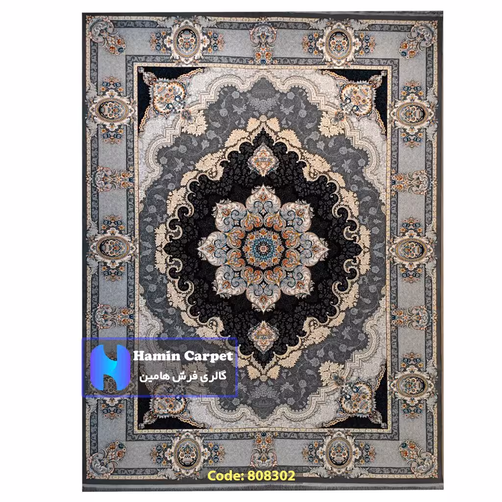 فرش 4 متری 700شانه تراکم 2550 نخ آکلریک رنگ زمینه نقره ای متالیک کد AR808302