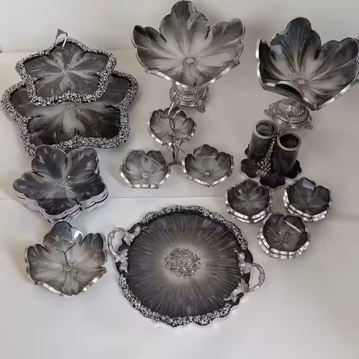 سرویس ظروف پذیرایی 6نفره رزینی جهیزیه عروس طرح مدرن