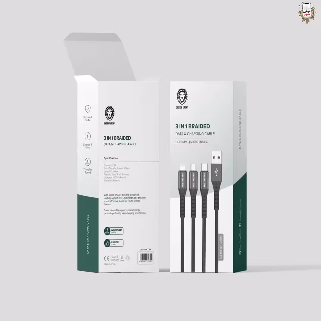 سیم شارژ دیتا و شارژ 3 در 1 گرین Green 3 in 1 braided data & charging cable