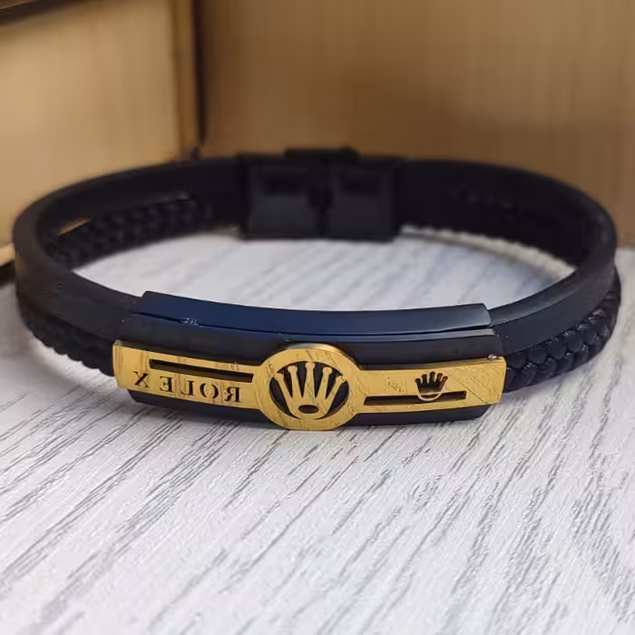 دستبند رولکس چرمی پلاک طلایی دو دور