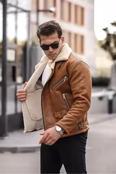 کاپشن چرم اصل مردانه با پوشش کامل خز داخلی کیفیت بالا طراحی اسلیم - 13271