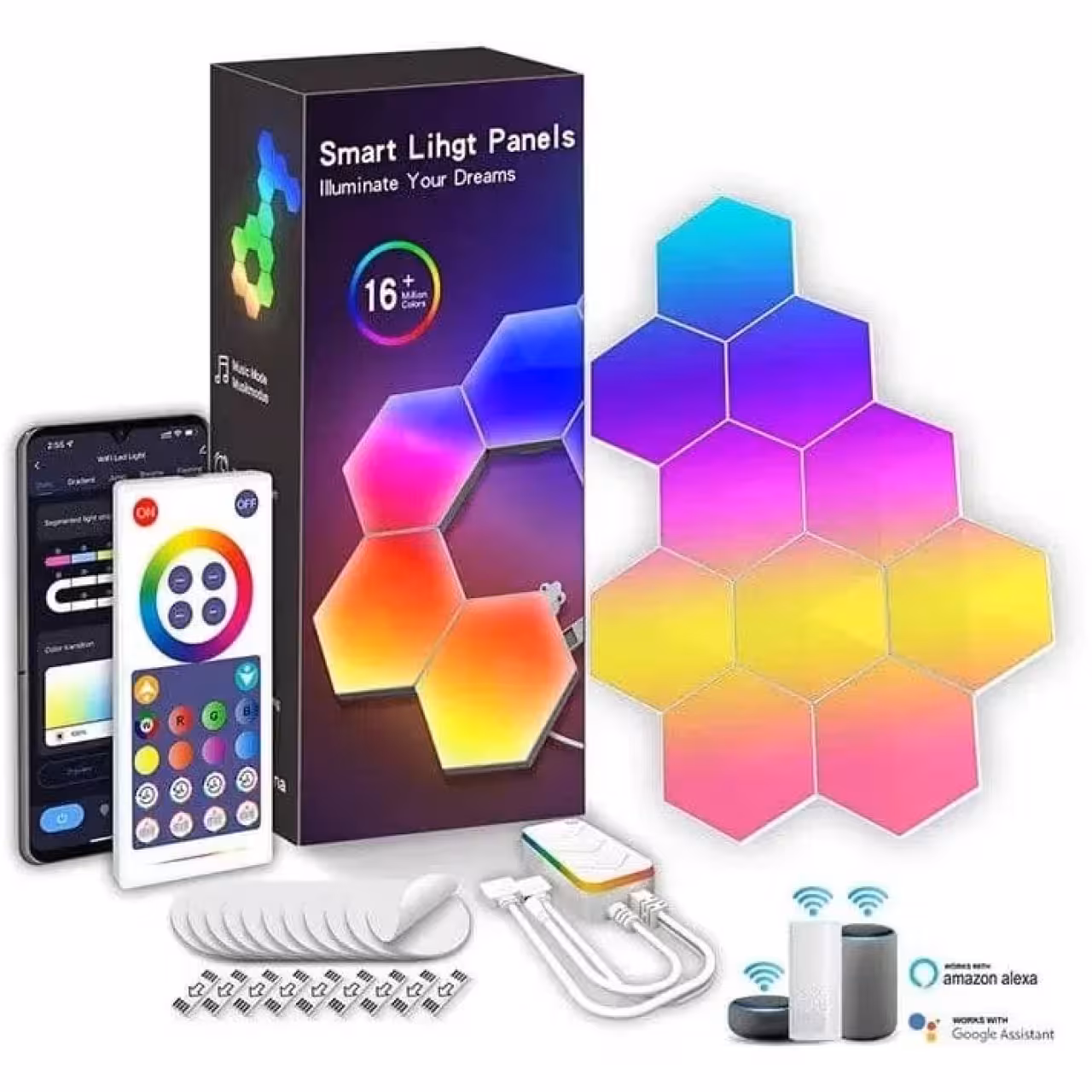 پنل LED دیواری هوشمند شش ضلعی مدل 10 تکه