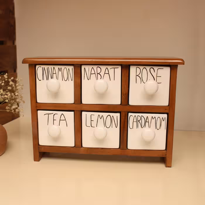 جای ادویه 6 پارچه مدل چوبی و سرامیکی کد Text06