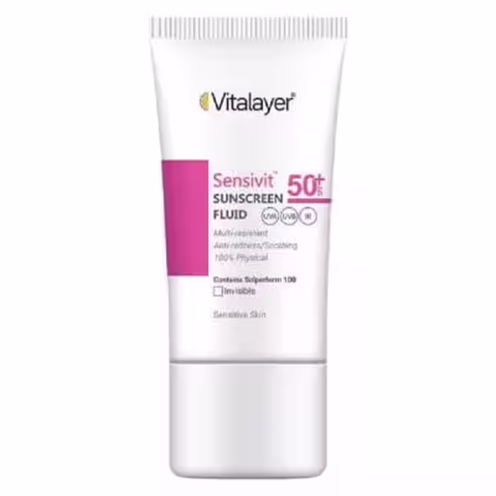 فلوئید ضد آفتاب بی‌رنگ ویتالیر، spf 50، مدل 0128، مناسب پوست های حساس با حجم 50 میلی‌لیتر، ضد حساسیت، محافظت‌کننده در برابر اشعه‌های UVA و UVB، دارای فرمولاسیون دی اکسید تیتانیوم و اکسید روی، با ماندگاری 2 ساعته