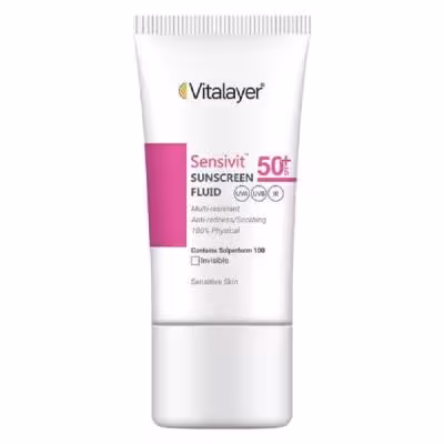 فلوئید ضد آفتاب بی‌رنگ ویتالیر، spf 50، مدل 0128، مناسب پوست های حساس با حجم 50 میلی‌لیتر، ضد حساسیت، محافظت‌کننده در برابر اشعه‌های UVA و UVB، دارای فرمولاسیون دی اکسید تیتانیوم و اکسید روی، با ماندگاری 2 ساعته