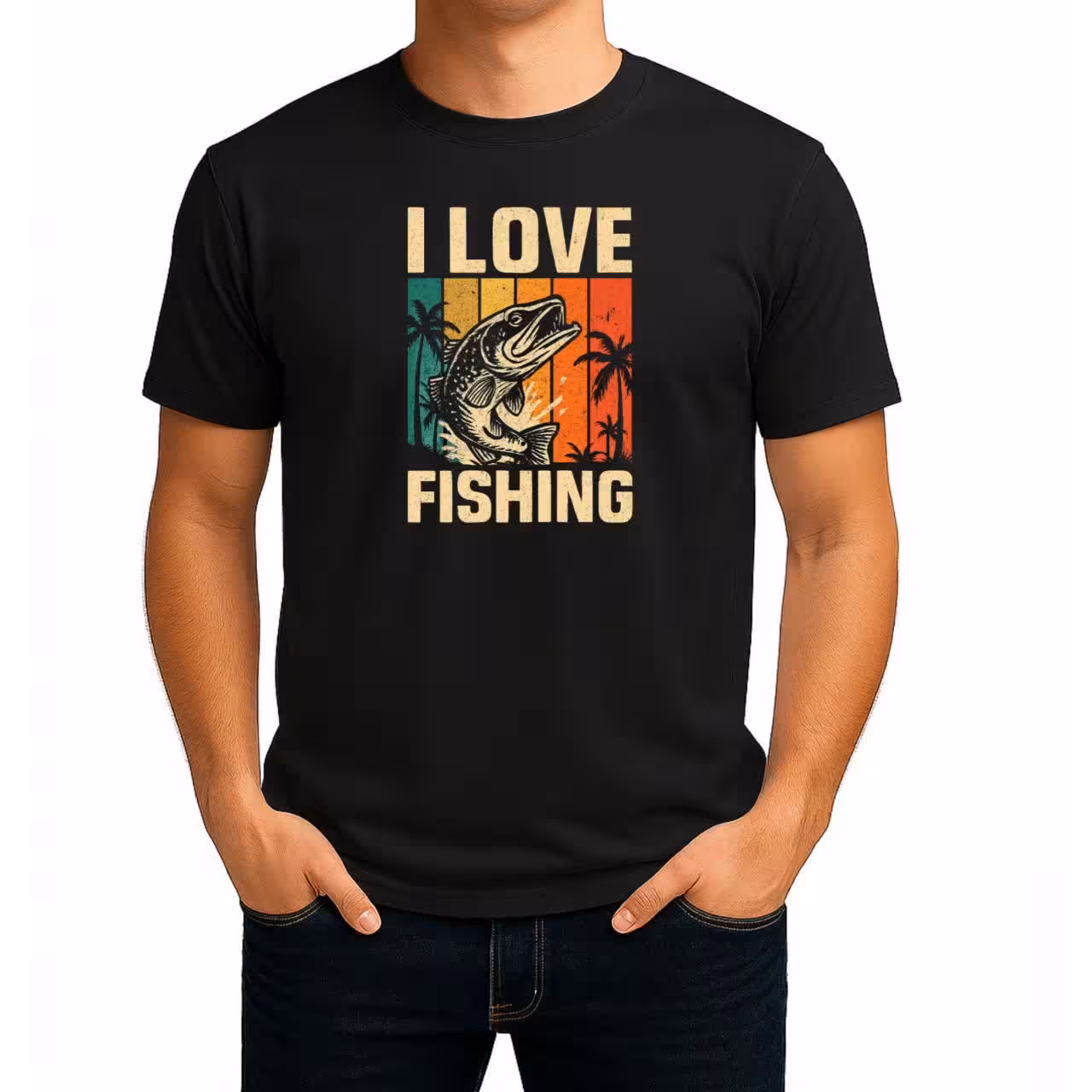 تیشرت نخی مشکی طرح I Love Fishing
