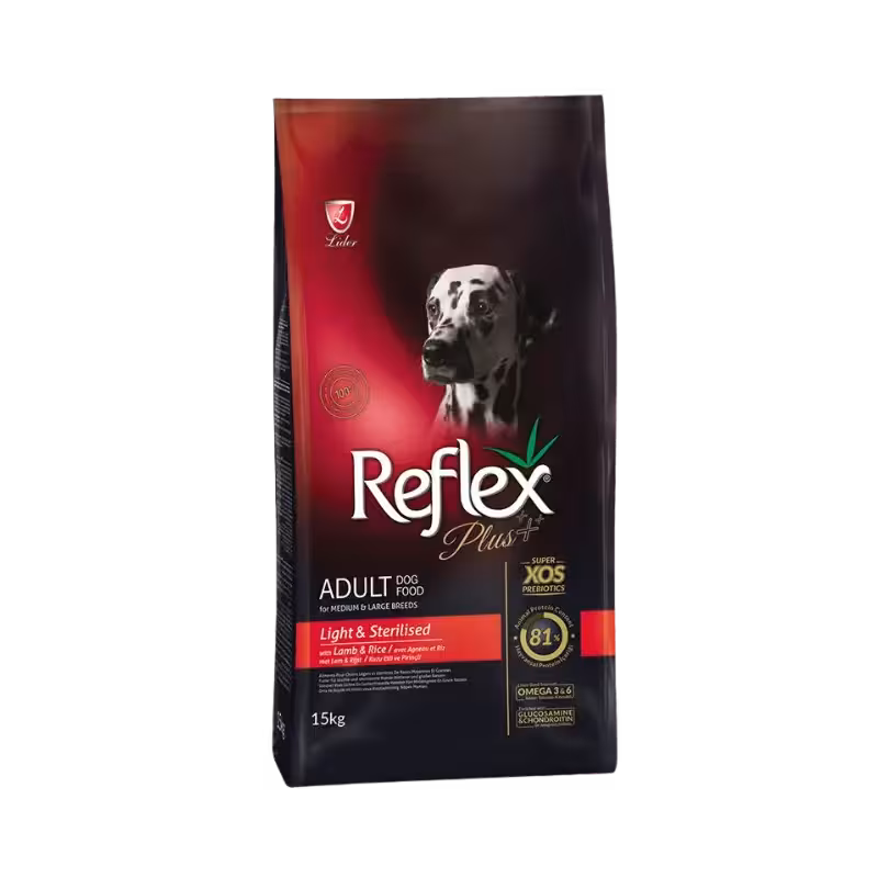 غذای خشک سگ بالغ نژاد متوسط و بزرگ عقیم شده رژیمی طعم بره و برنج برند Reflex رفلکس 15 کیلویی