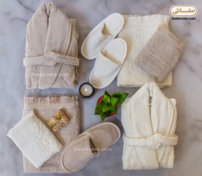 ست حوله عروس و داماد نسکافه ای سفید لیندو