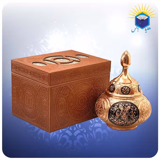 قندان خاص قلمزده مس و الماس تراش 22 سانت با جعبه ام دی اف چرمی