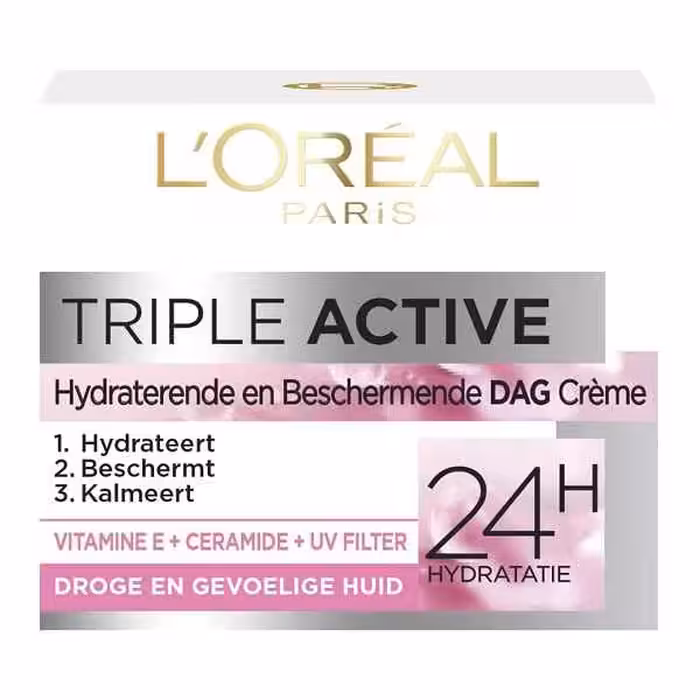 کرم روز سه کاره لورال LOREAL اصل مدل تریپل اکتیو TRIPLE ACTIVE حجم 50 میل | آبرسان 24 ساعته حاوی ویتامین E و سرامید