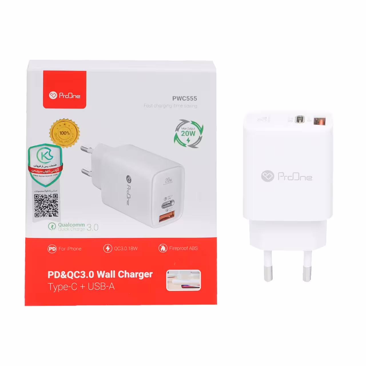 شارژر دیواری 20W فست و PD دو پورت ProOne مدل PWC555 - سفید