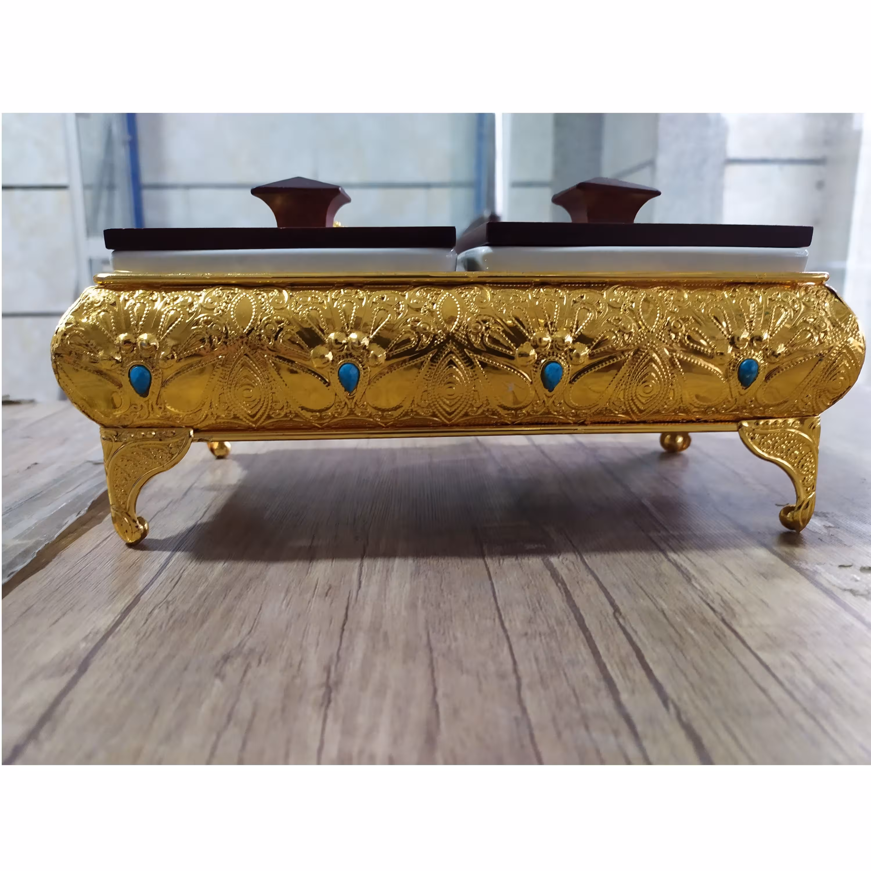 اردوخوری 2خانه پیوتر طلایی داخل سرامیک با 2قاشق چایخوری