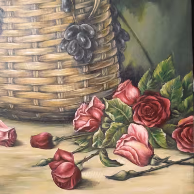 تابلو نقاشی رنگ روغن طرح سبد انگور و گل رز