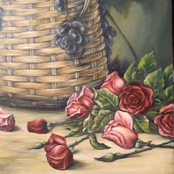 تابلو نقاشی رنگ روغن طرح سبد انگور و گل رز