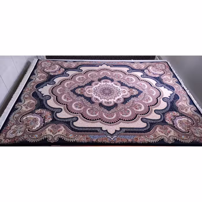 فرش ماشینی زمرد مشهد مدل گلنما زمینه سرمه ای