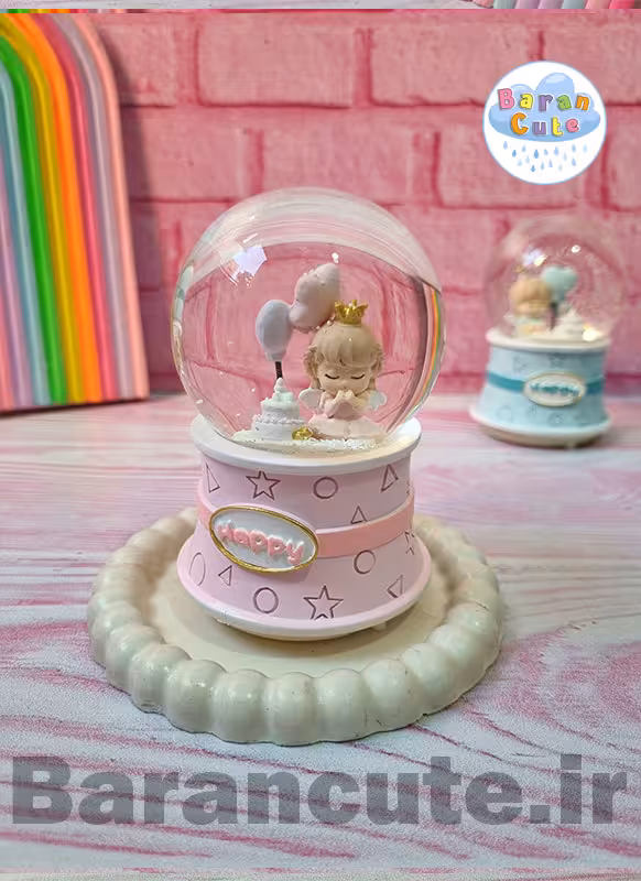 گوی موزیکال برفی چراغ دار (سایز متوسط) طرح تولد صورتی