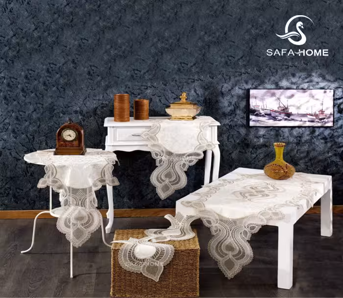 رومیزی 5 تکه کتان طرح لاله شیری