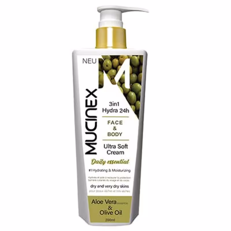 کرم آبرسان ماسینکس مدل زیتون حجم 200 میل Mucinex Aloe Vera And Olive Oil Moisturizing And Revitalizer skin For Face & Body 200ml