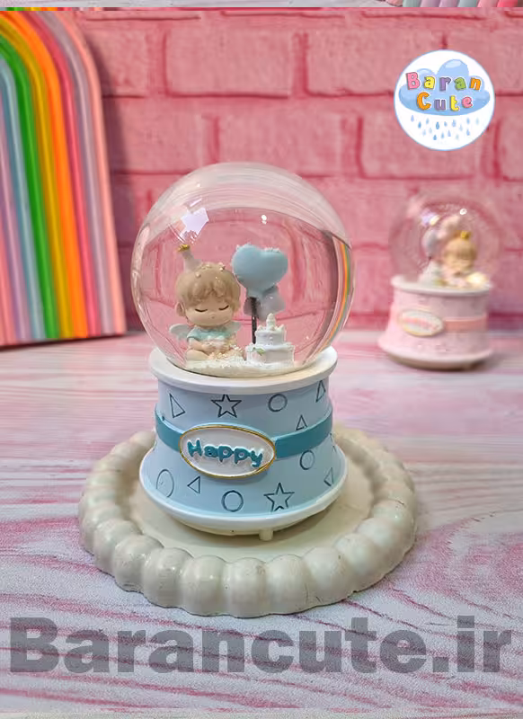 گوی موزیکال برفی چراغ دار (سایز متوسط) طرح تولد آبی