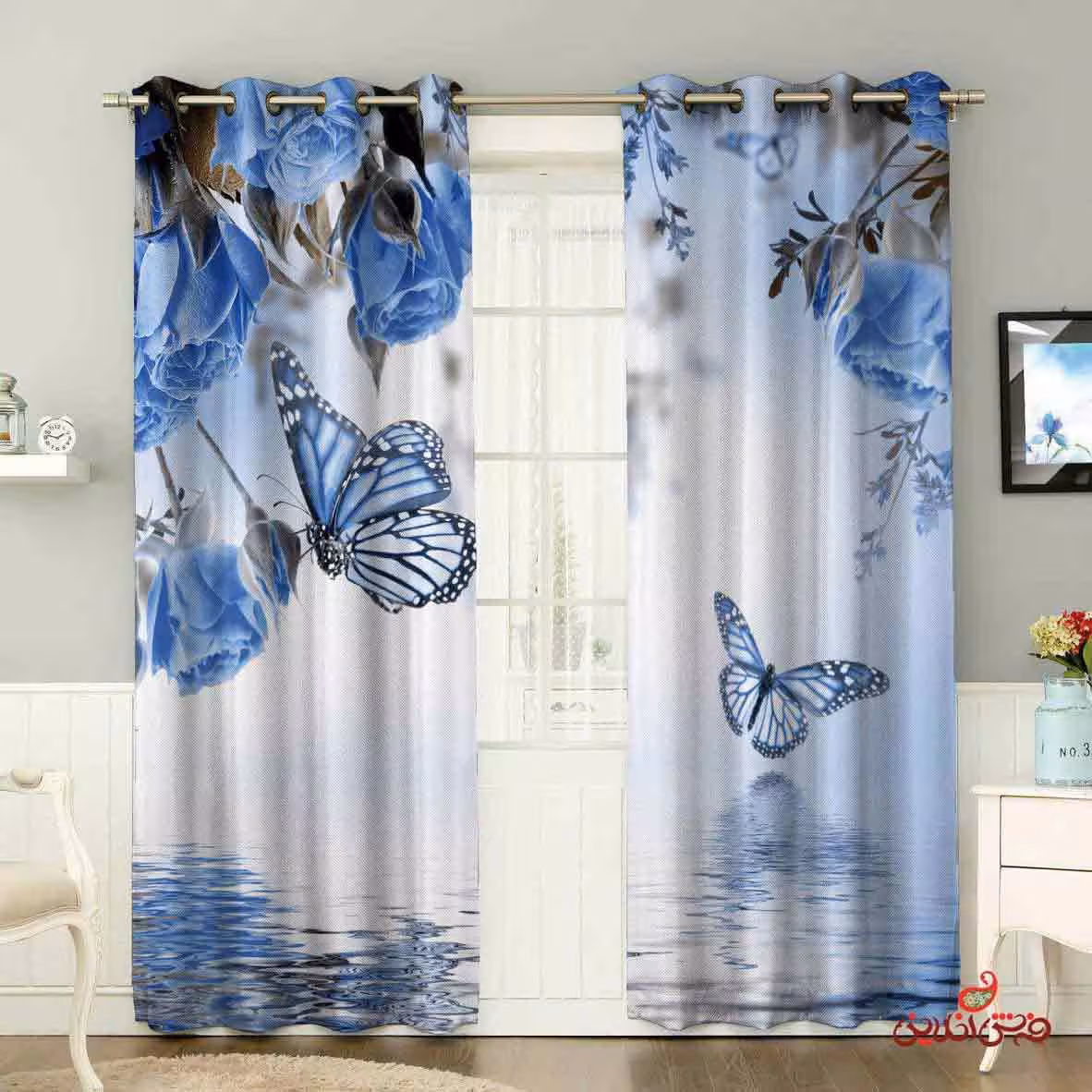 پرده 2عددی پروانه آبی کد 2039