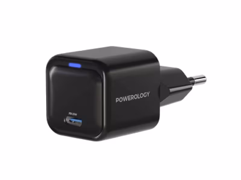 شارژر دیواری تایپ سی 20 وات پاورولوژی Powerology Ultra-Compact 20W GaN PD Charger PWCUQC015