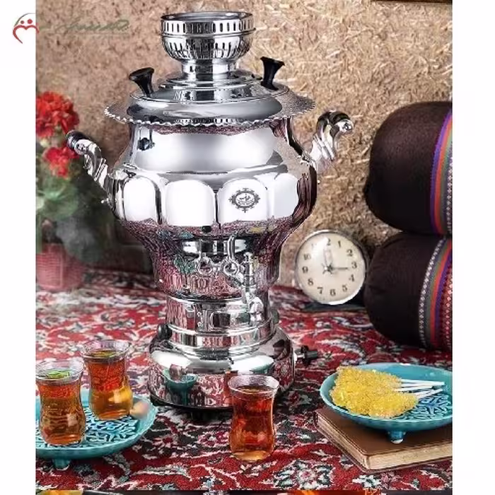 سماور گازی، ظرفیت 6 لیتر، طرح نقشینه، پیلوت دار، بدنه شیک و خاص