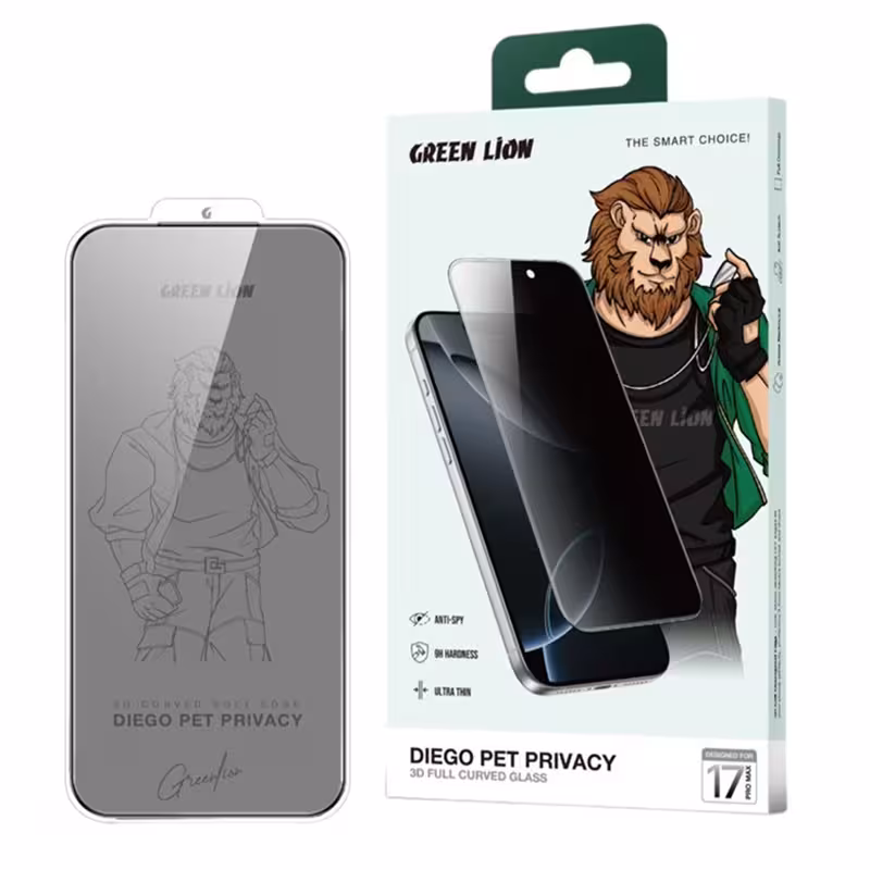 گلس لبه نرم پرایوسی iPhone 17 Pro Max گرین لاین Green Lion DIEGO PET Privacy Anti-Broken Soft edge Glass