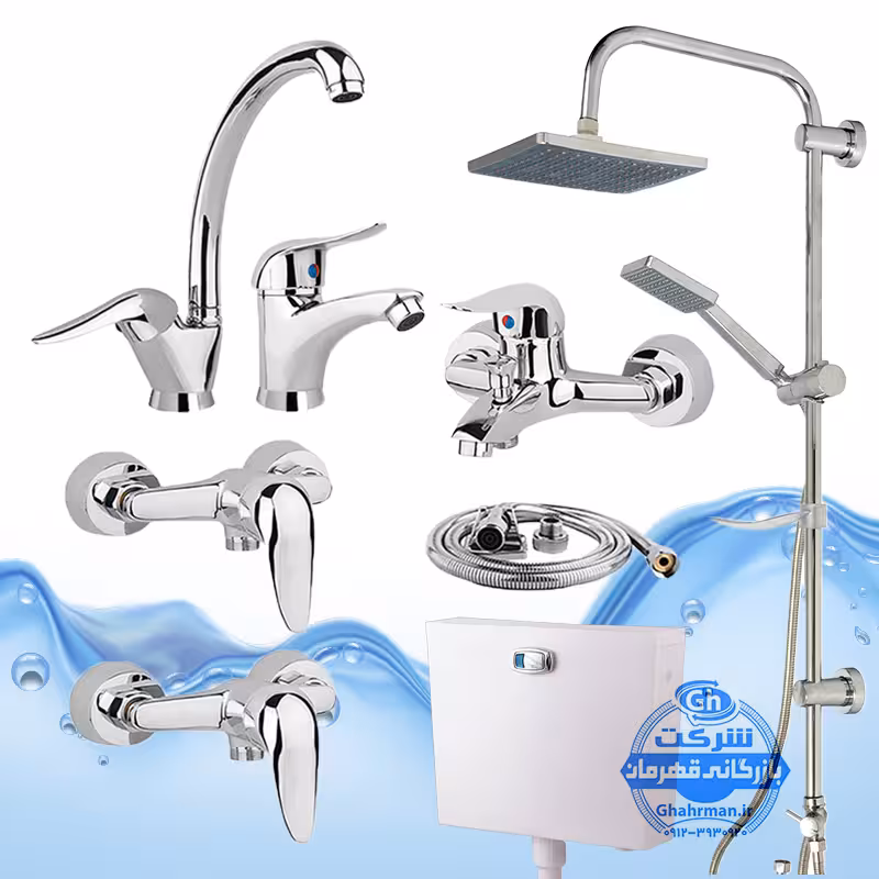 ست 7 عددی شیرآلات برند آیدا صنعت مدل قهرمان | شیر ظرفشویی   روشویی   حمام   2 عدد توالت   علم دوش رسوب‌گیر اتومات   شلنگ توالت | کروم براق