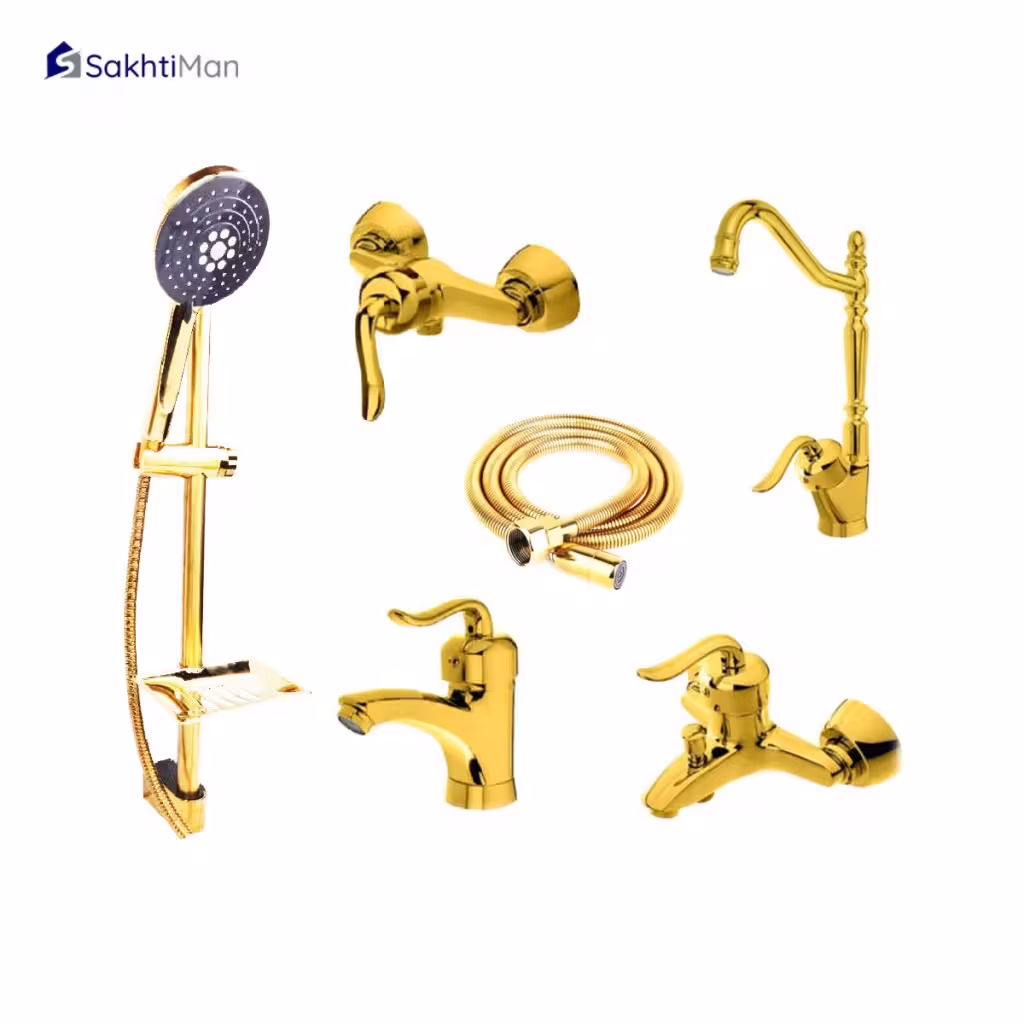 ست شش عددی شیرآلات مدل قاجاری طلایی به همراه علم دوش و شلنگ توالت