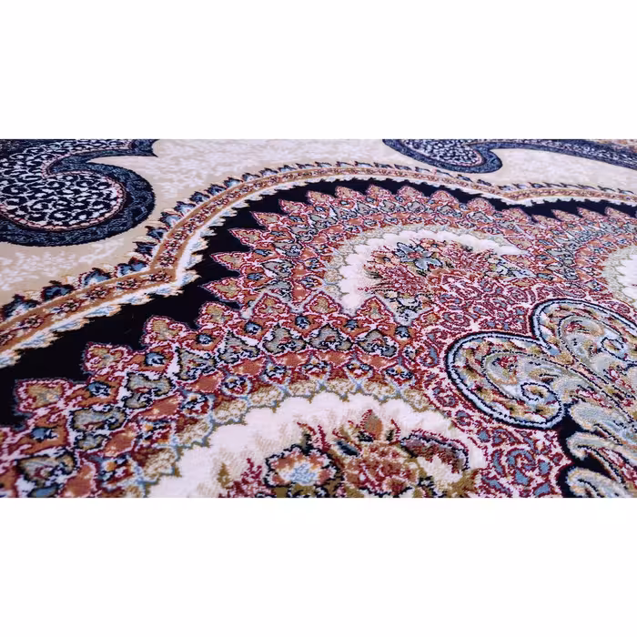 فرش ماشینی زمرد مشهد مدل گلنما زمینه سرمه ای