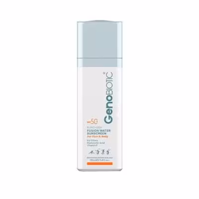 کرم ضد آفتاب بیرنگ ژنوبایوتیک، مدل Fusion water، حاوی محافظ UVA ،UVB، ضدآب، فاقد چربی، بدون پارابن، حاوی ویتامین E و هیالورونیک اسید مناسب انواع پوست، حجم 30 میلیلیتر