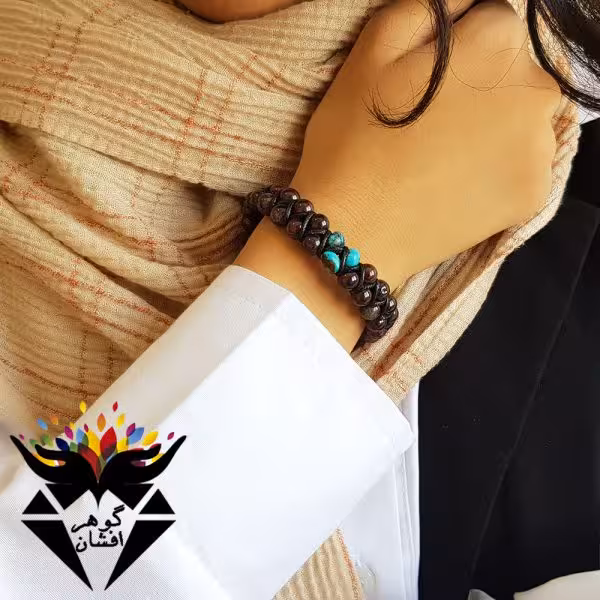 دستبند بافت دوبل یاقوت گارنت و فیروزه نیشابوری اصل کد D_1594