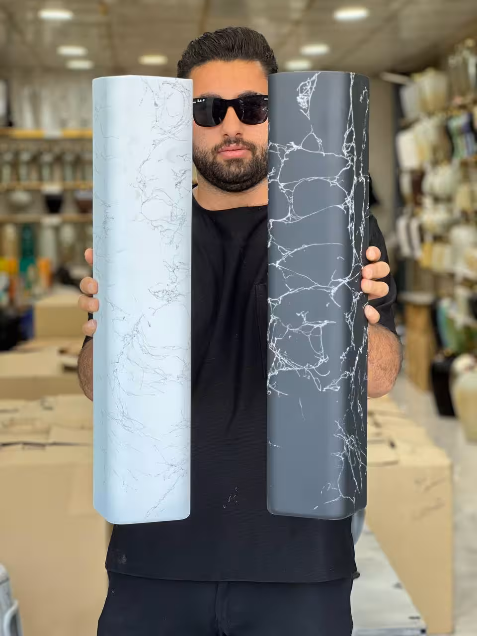 گلدان بامبو شیشه ای ماربل مربعی سفید 60سانتی