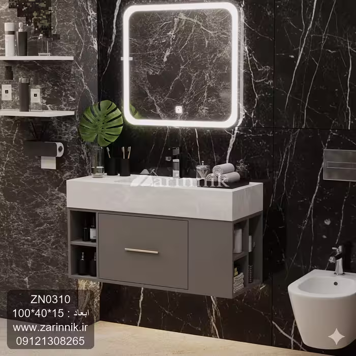 آینه و روشویی سرامیکی مدرن، رنگ طوسی، کد ZN0310، برند زرین، ست بهداشتی لوکس