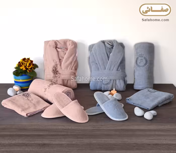 سرویس حوله عروس و داماد گل برجسته گلبهی طوسی