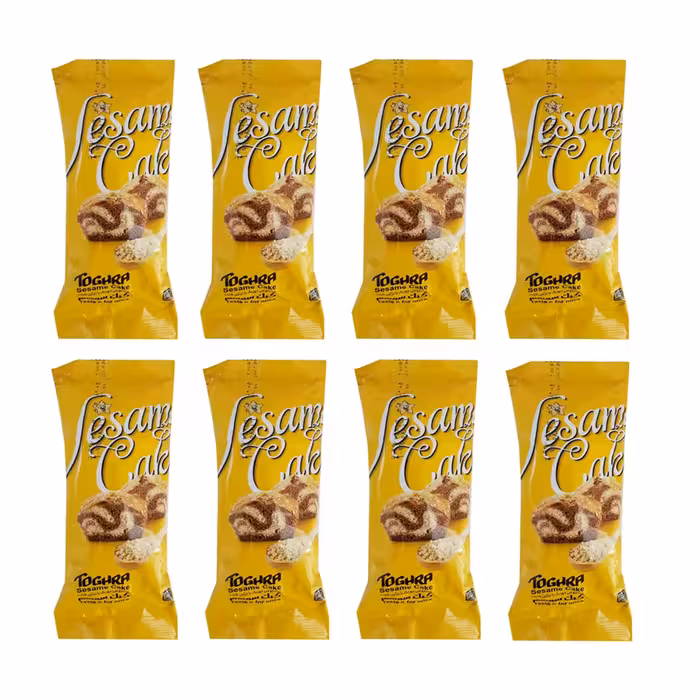 کیک روغنی دو رنگ با تزئین کنجد طغرا 80 گرمی بسته 24 عددی