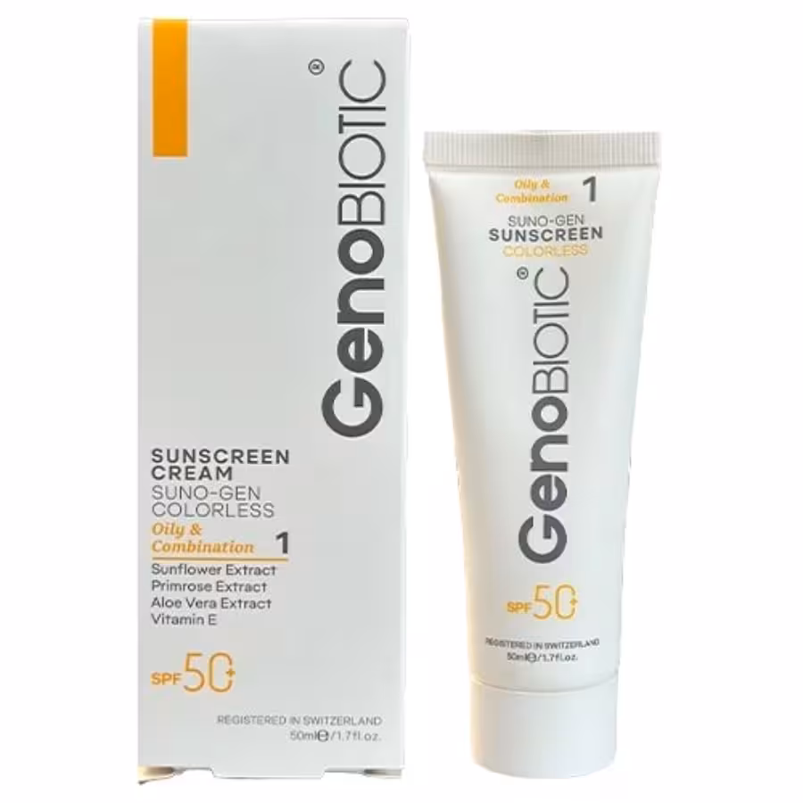 کرم ضد آفتاب بی رنگ ژنوبایوتیک spf 50 پوست چرب و مختلط 50 میلی لیتری