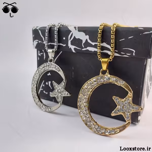 گردنبند ماه و ستاره نگین دار طلایی و نقره ای