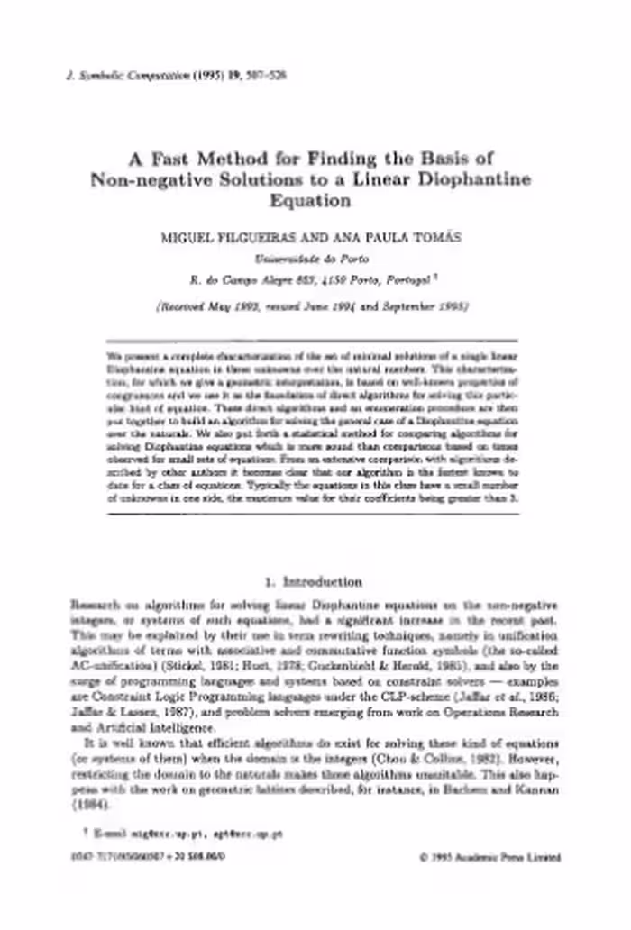 خرید و دانلود نسخه کامل کتاب A fast method for finding the basis of non-negative solutions to a linear diophantine equation