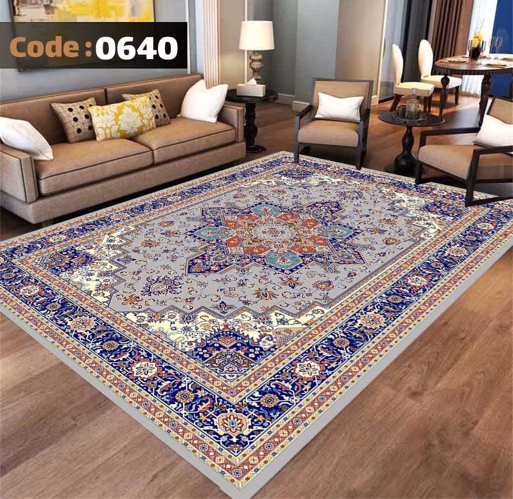 کاورفرش روفرشی دورکشدار گوشه لیفه ای لاکی ، آبی و متنوع کد 0640