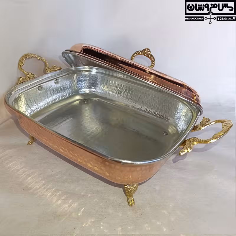 سوفله خوری مسی مستطیلی زنجان | مرغ خوری مس درب دار دسته برنجی پایه کوتاه سایز 1 قطر 22*26 | مدل کترینگ