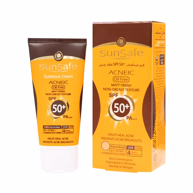 کرم ضد آفتاب SPF50 کرم پودری ACNEIC بژ طبیعی 50 میلی لیتر سان سیف – پوست چرب، جوش دار و مختلط