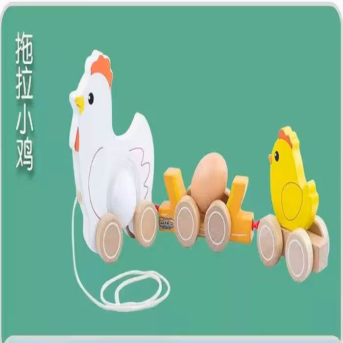 اسباب بازی مدل نخ کش چرخ دار طرح مرغ و جوجه