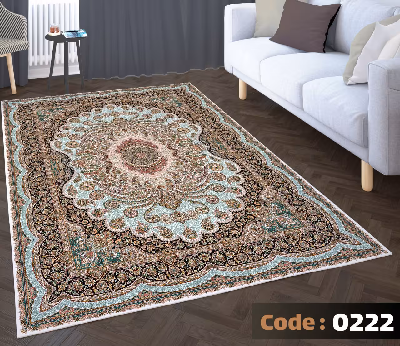 کاورفرش روفرشی دورکشدار گوشه لیفه ای لاکی ، آبی و متنوع کد 0222